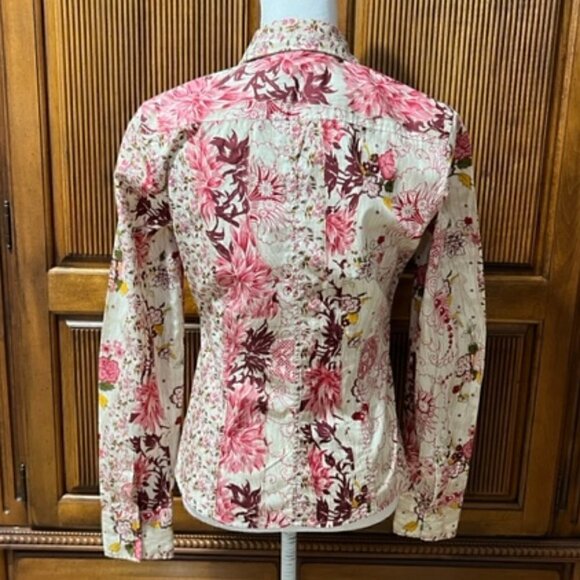 0039 Italy Long Sleeve Button Down Blouse Top Floral Cotton - Picture 3 of 4